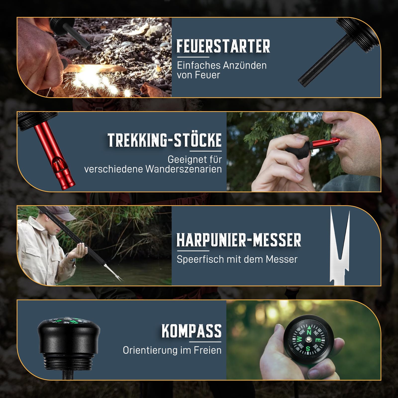 Golden Bird Wanderstöcke 13 in 1 Multifunktionale Wanderstock Trekkingstöcke Survival Verstellbare Aluminium Walking Stöcke mit Messer im Griff für Outdoor Camping Wandern Schwarz Geschenke für Männer