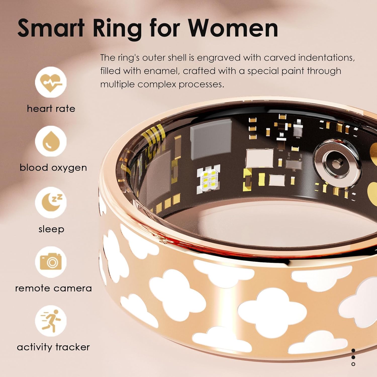Smart Ring for Women Men Fitness Ring Heart Rate Monitor Sleep Smart Ring Step Counter Calorie Pedometer Rings Fashionable Fitness Tracker Remote Control Photograph Rose Gold Ring