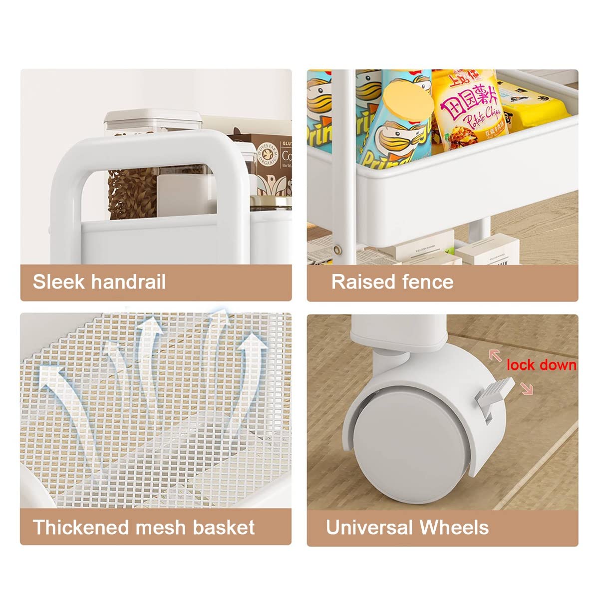 Carrito rodante de metal de 3 niveles con cestas de malla y asa, almacenamiento versátil con ruedas para manualidades, cocina, oficina y uso doméstico (negro)
