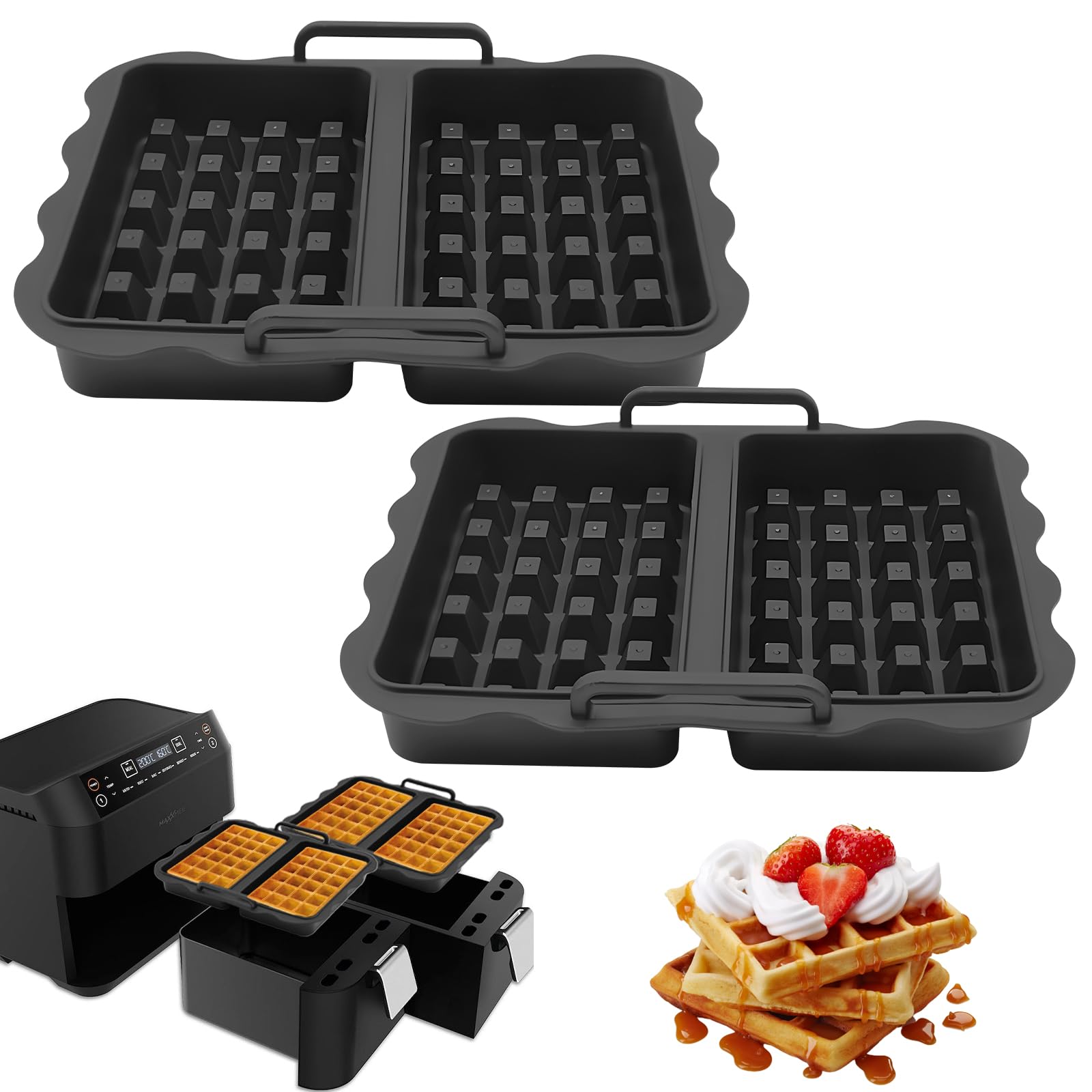 2 Pack Air Fryer Silicone Waffle Moulds Air Fryer Liner Belgian Waffle Air Fryer Accessories Waffle Insert for Air Fryer Compatible with Ninja AF500EU, AF400EU, AF451EU, SL400EU (Black)