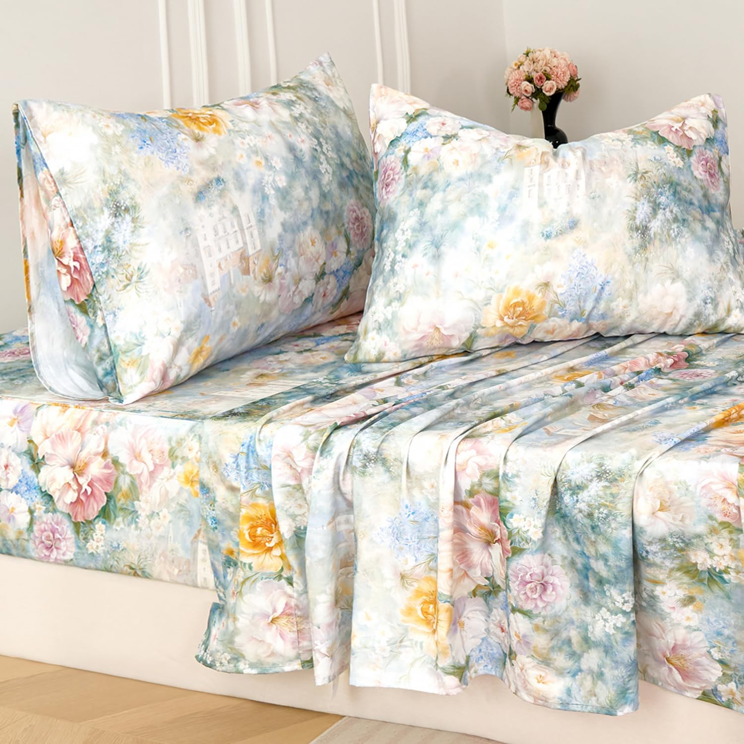 Zusbest King Size Sheets Luxury Floral Bed Sheet Set 100% Cotton, Satin Weave Soft Breathable for Hot Sleepers Romantic Peony Flowery Printed Cottagecore Bedding Deep Pocket 17.5‘’ Bed Set 4Pcs - Image 9