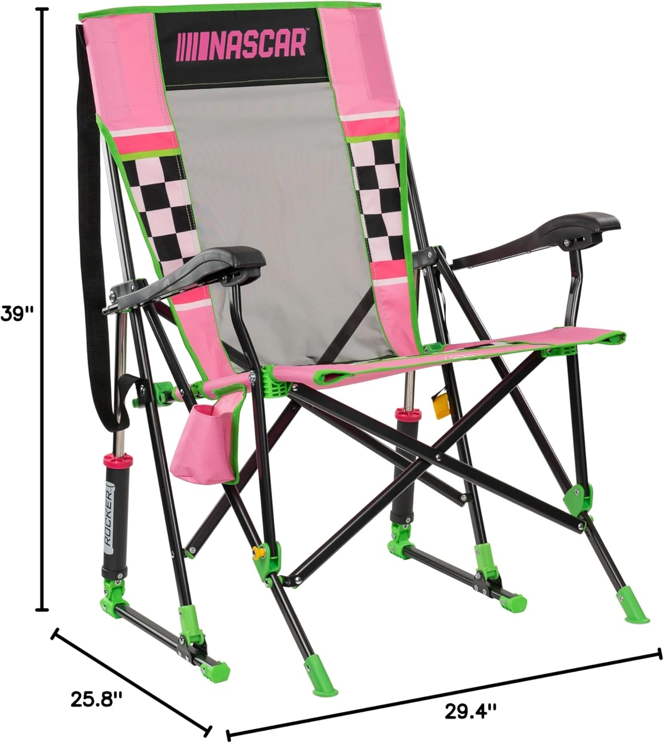 GCI Outdoor NASCAR Roadtrip Rocker Camping & Sideline Sports Chair | Portable Folding Rocking Chair with Durable Armrests & Drink Holder, Pink