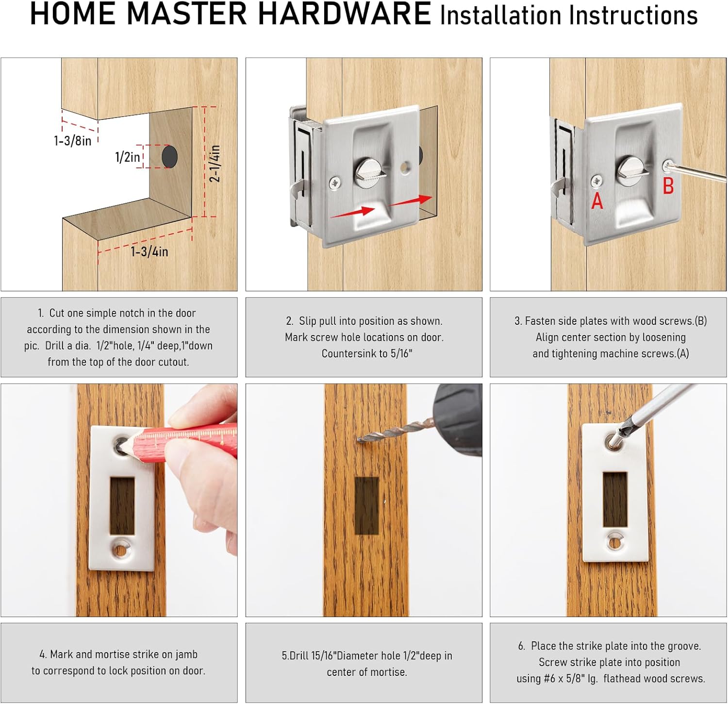 HOME MASTER HARDWARE Privacy Pocket Door Lock Hardware with Pull Replace Old Sliding Door Locks/Solid Brass Pocket Door Privacy Lock 2-3/4”x2-1/2”, for 1-3/8” Thickness Door, Brushed Nickel -1 Pack