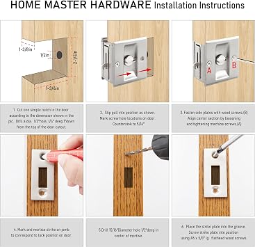 HOME MASTER HARDWARE Privacy Pocket Door Lock Hardware with Pull Replace Old Sliding Door Locks/Solid Brass Pocket Door Privacy Lock 2-3/4x2-1/2, for 1-3/8 Thickness Door, Brushed Nickel -1 Pack