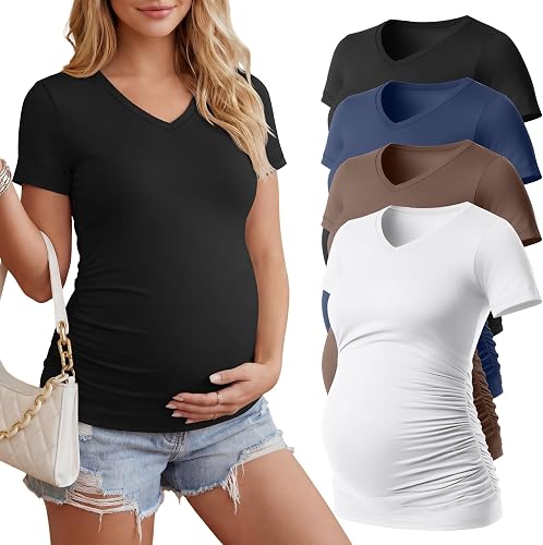 Huukeay 4 Pack Women's Maternity Shirts Pregnancy Top, 4-Color, Small
