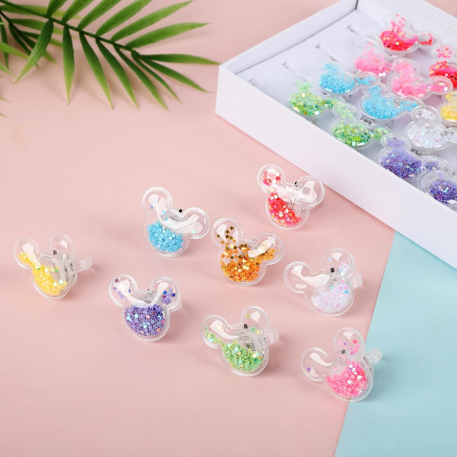 Mouse Party Favors 24 Pcs Glitter Mouse Ear LED Light Up Rings Glowing Finger Rings Toys for Birthday Party Supplies Classroom Prizes Pinata Goodie Bag Stuffers Gifts
