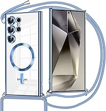 Magnetic Case for Samsung Galaxy S24 Ultra with Rope, Compatible with MagSafe, Transparent Case with Strap Necklace Pendant Soft TPU Silicone Case Lanyard Cover Anti-Shock Camera, Blue
