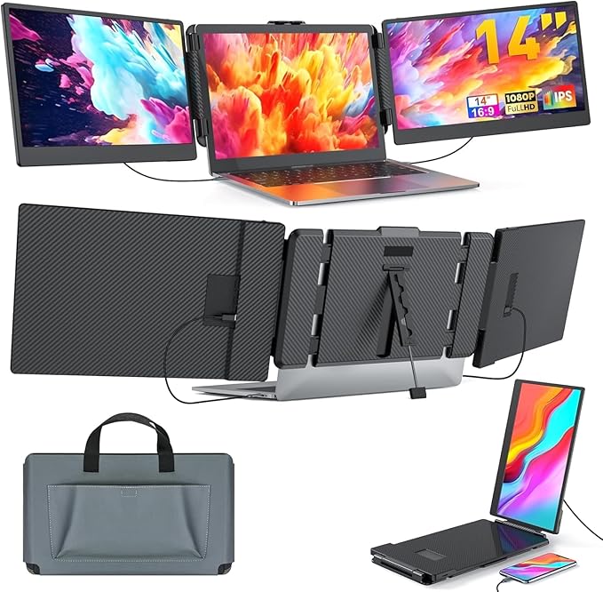 موسع شاشة لابتوب في 2 كوم S2 ثلاثي رفيع للغاية 14 انش 1080P FHD IPS مع حامل متوافق مع ماك وويندوز ولينكس وسويتش وبلاي ستيشن 4/5 صورة 1