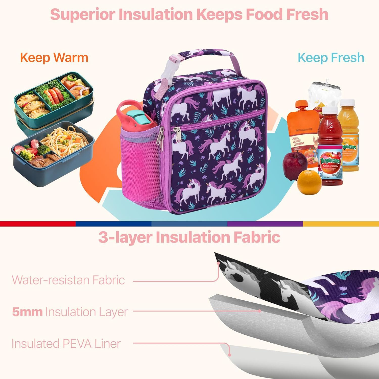 Bagseri Lunch Bag for Kids and Kids Pencil Case Bundle, Insulated Lunch Bag for Girls and Expandable Pencil Case for Girls, Deep Purple Unicorn