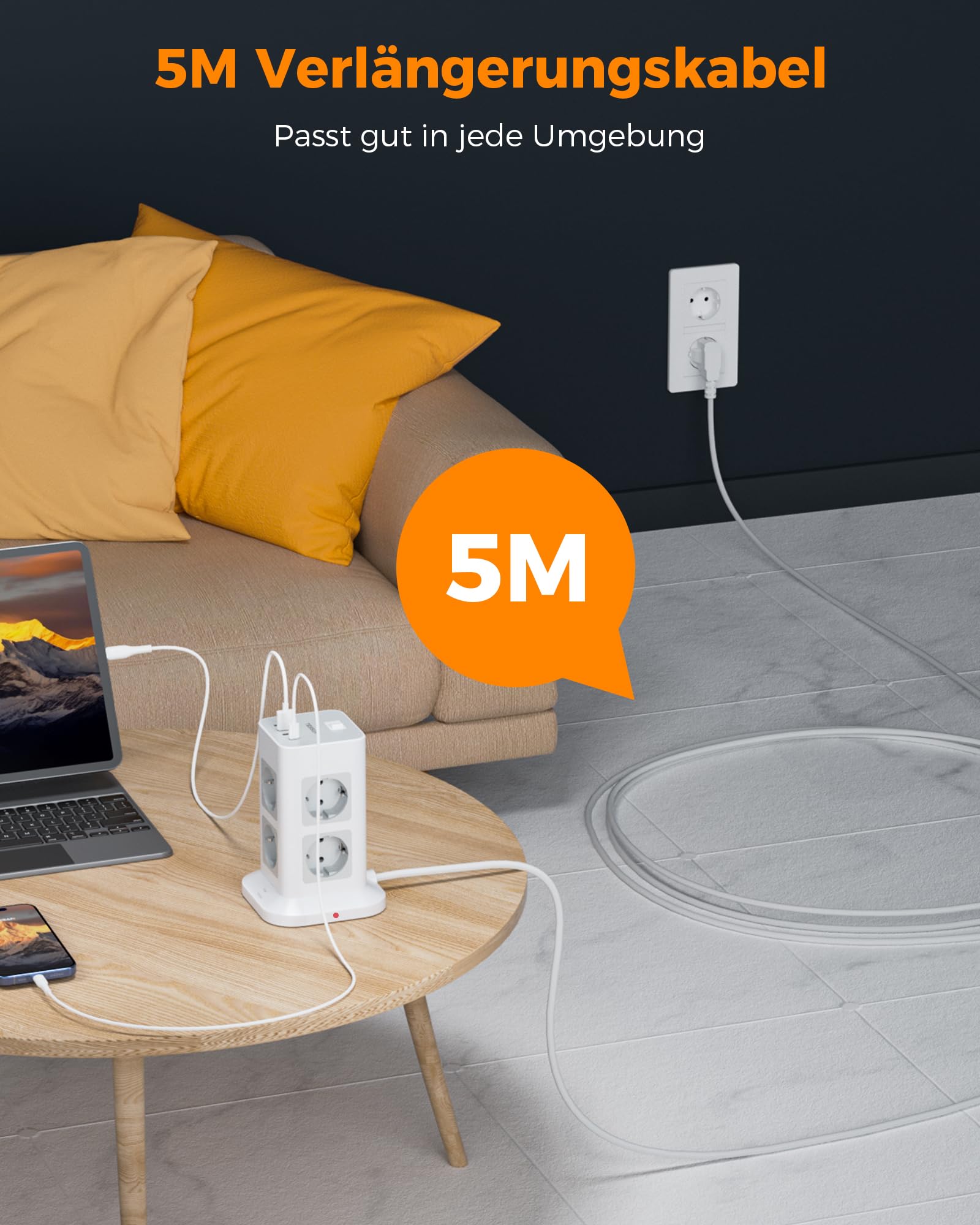 TESSAN 8 Fach Mehrfachsteckdose mit USB C, Verlängerungskabel 5M mit 4 USB und Steckdosenleiste Überspannungsschutz, 3600W Steckdosenturm mit Schalter, Steckdosenwürfel für Büro, Grau