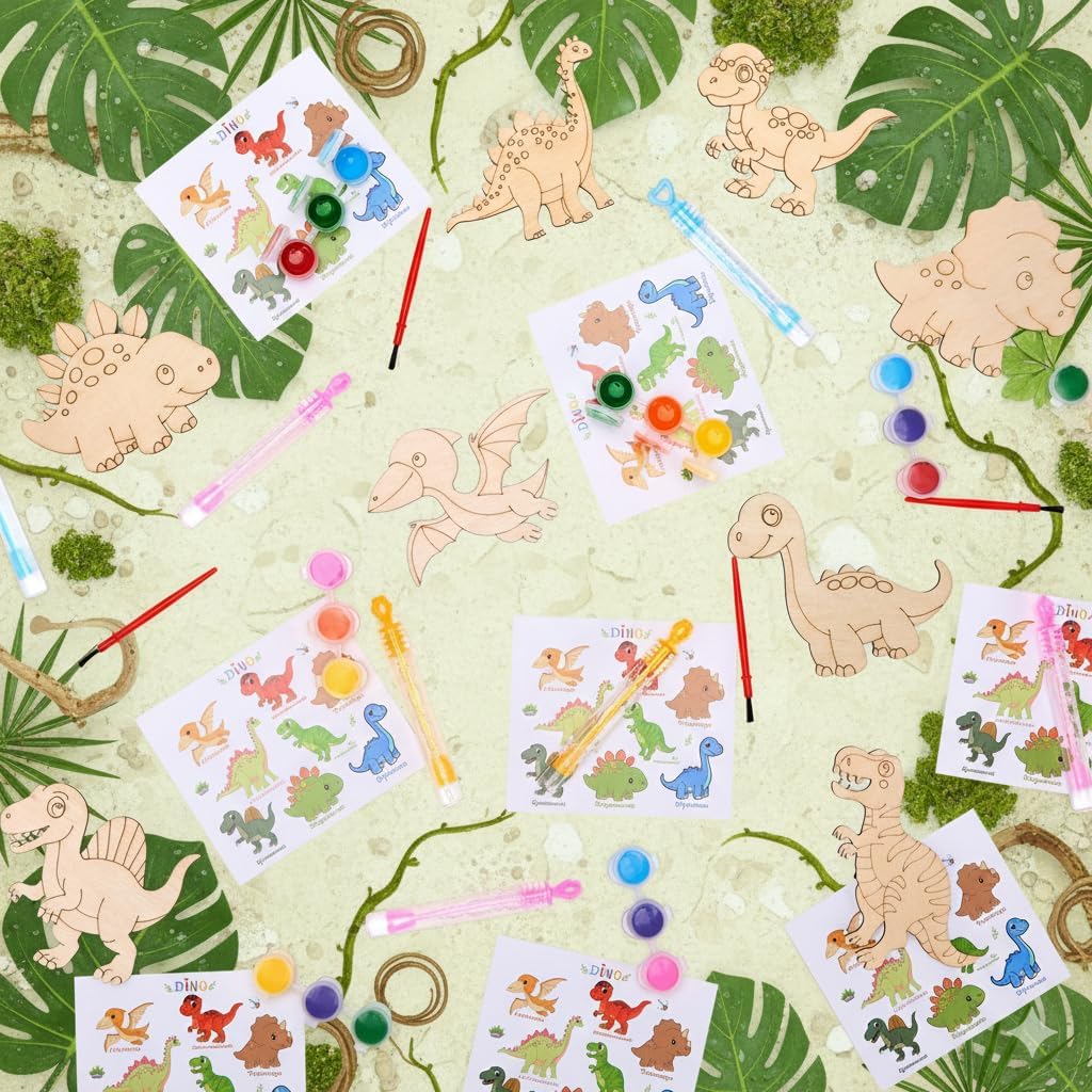 Bafeil 24 Pack Dinosaur Party Favors - Wooden Painting Crafts Kits with Bubble Wands, Birthday Goodie Bag Stuffers, Pinata Fillers, Classroom Prizes & Exchange Gifts - 8 Style DIY Dinos Magnet Arts