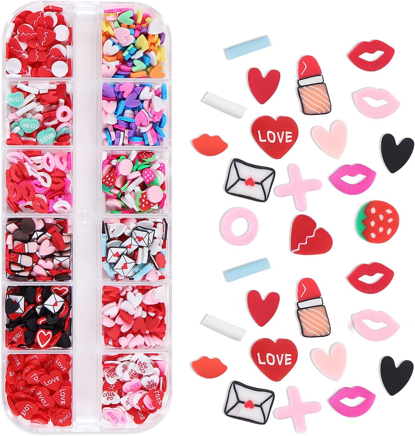 Valentines Love Hearts Nail Art Slices Sequins 3D Glitter Sweet Heart Love Lips Envelope Design Candy Colors Nail Sequins Flake Charms for Women Girls DIY Nail Art Decorations Nail Decals Paillettes