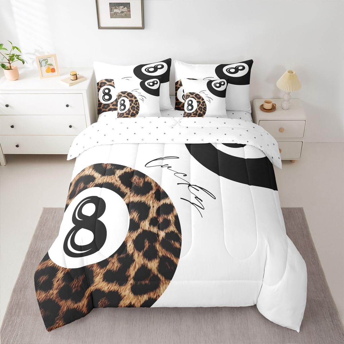 Erosebridal Trendy Leopard Print Comforter Set 7 Piece Bed in A Bag Queen,Girls Cheetah Bedding Sets,Lucky 8 Ball Comforter and Sheets,Funky Y2K Preppy Bed Set Fashion Room Decor Aesthetic