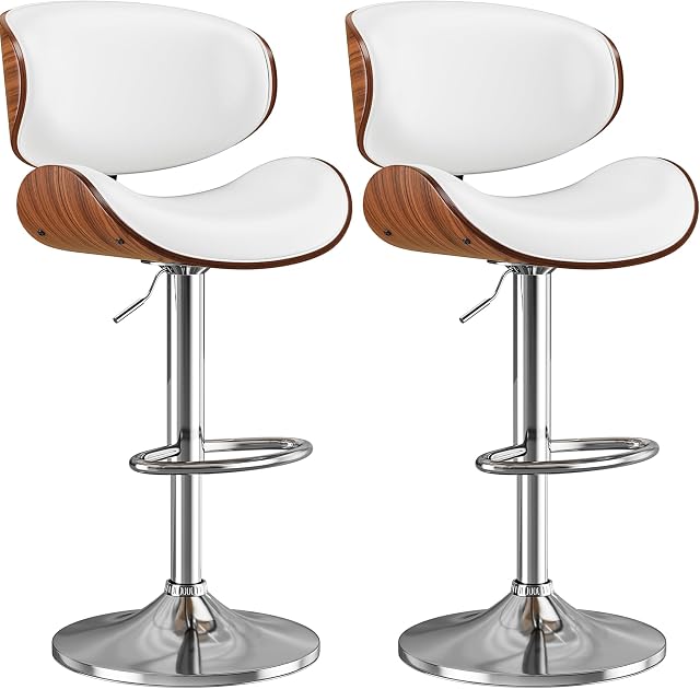 Bar Ensemble de tabourets 2, Tabourets en cuir pivotant réglables pour l'île de la cuisine, Mid Century Modern Counter Height Bar Chaises Tabouret avec dos & repose-pieds (blanc)
