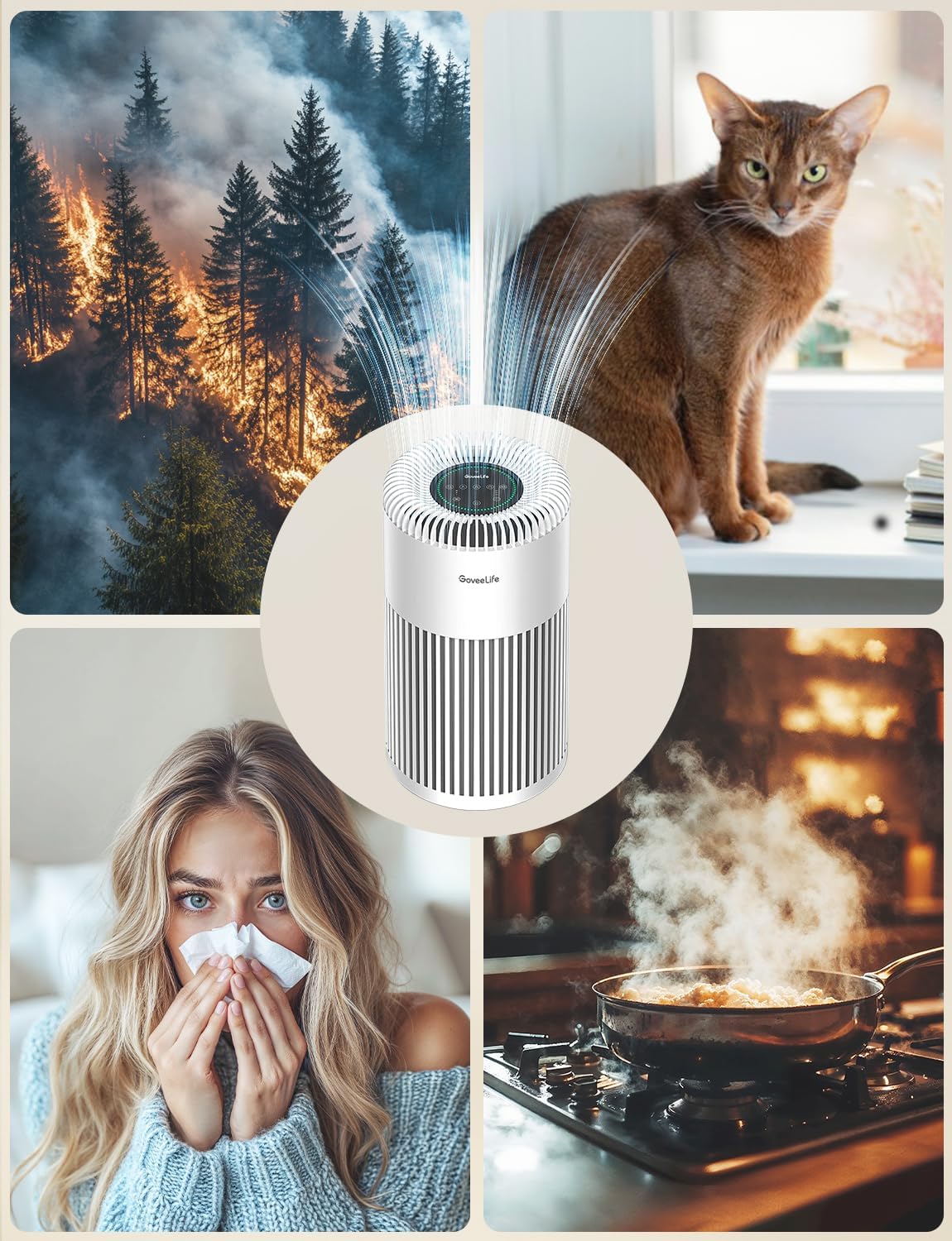 GoveeLife Smart Air Purifier for Home Large Room Up to 1524 sq.ft.with Washable Filter, Integrated PM 2.5 Air Quality Sensor,WiFi, Air Purifier for Smoke, Wildfire, Pet Hair,24dB, White