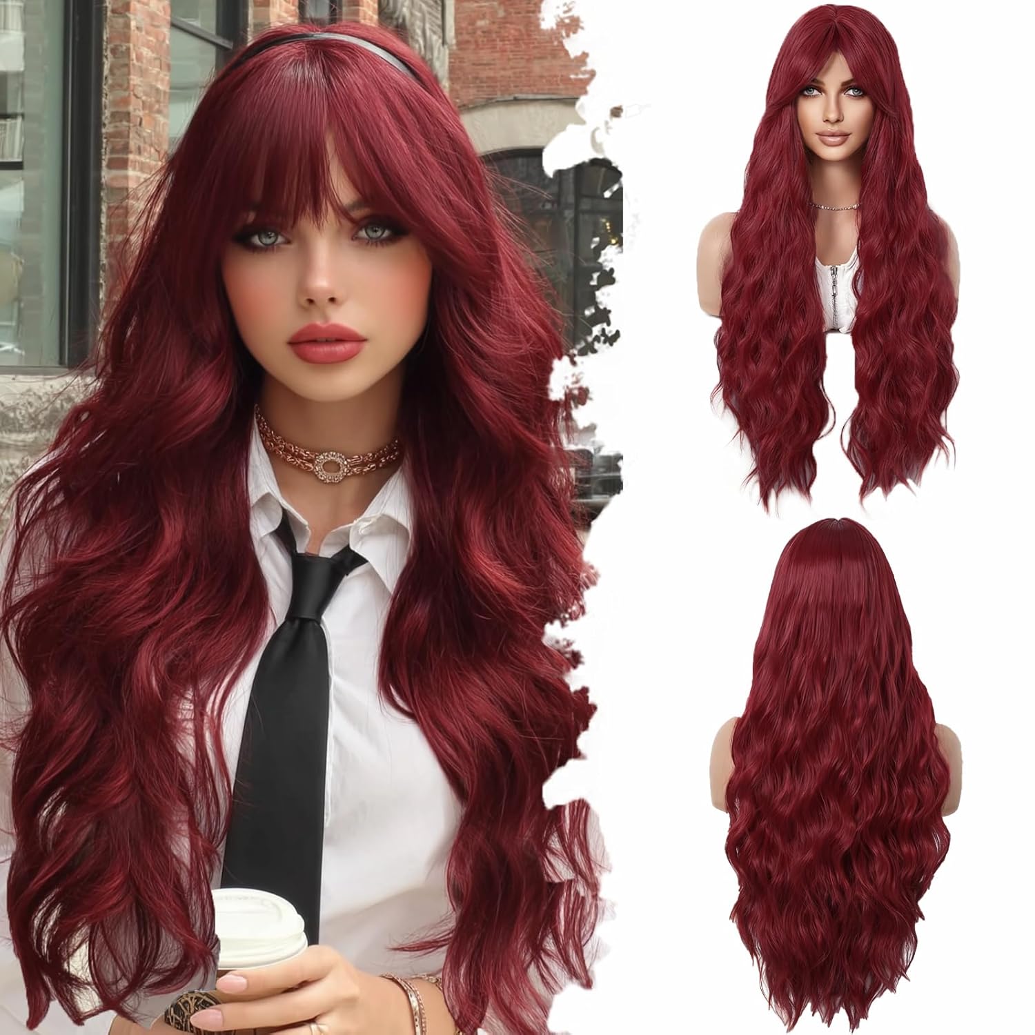 Long Red Wig with Bangs Red Wigs for Women Wavy Wig Curly Red Hair Wig Curtain Bang 30 Inch Synthetic Wigs Natural Hair Cosplay Wigs Party Hair Replacements Wigs for Girls Daily Party Use