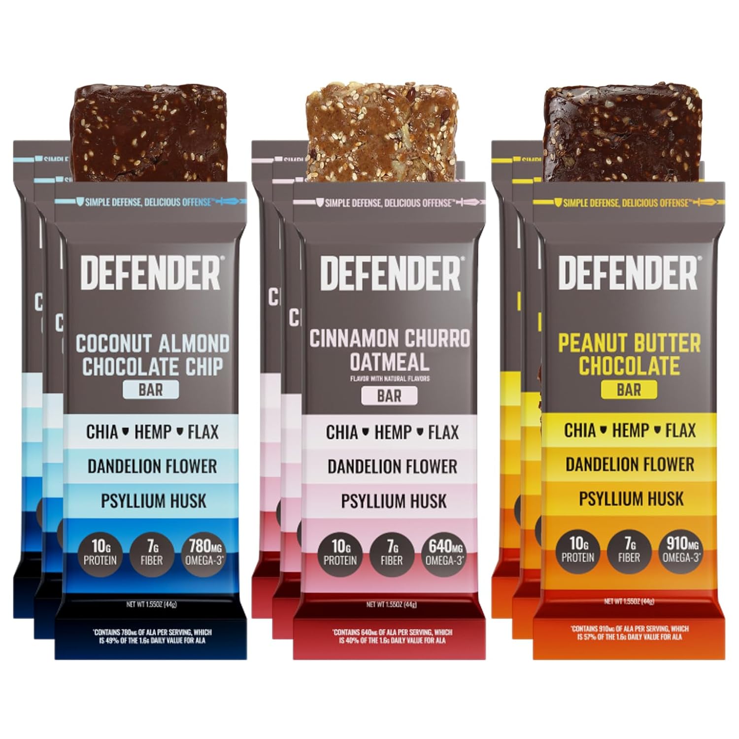 Defender Vegan Protein Bar, Variety Pack, Plant Based Snack or Breakfast Bars, Psyllium Husk, Dandelion Root, High Fiber, Non GMO, Kosher, No Stevia, No Sugar Alcohols, 9 Bars