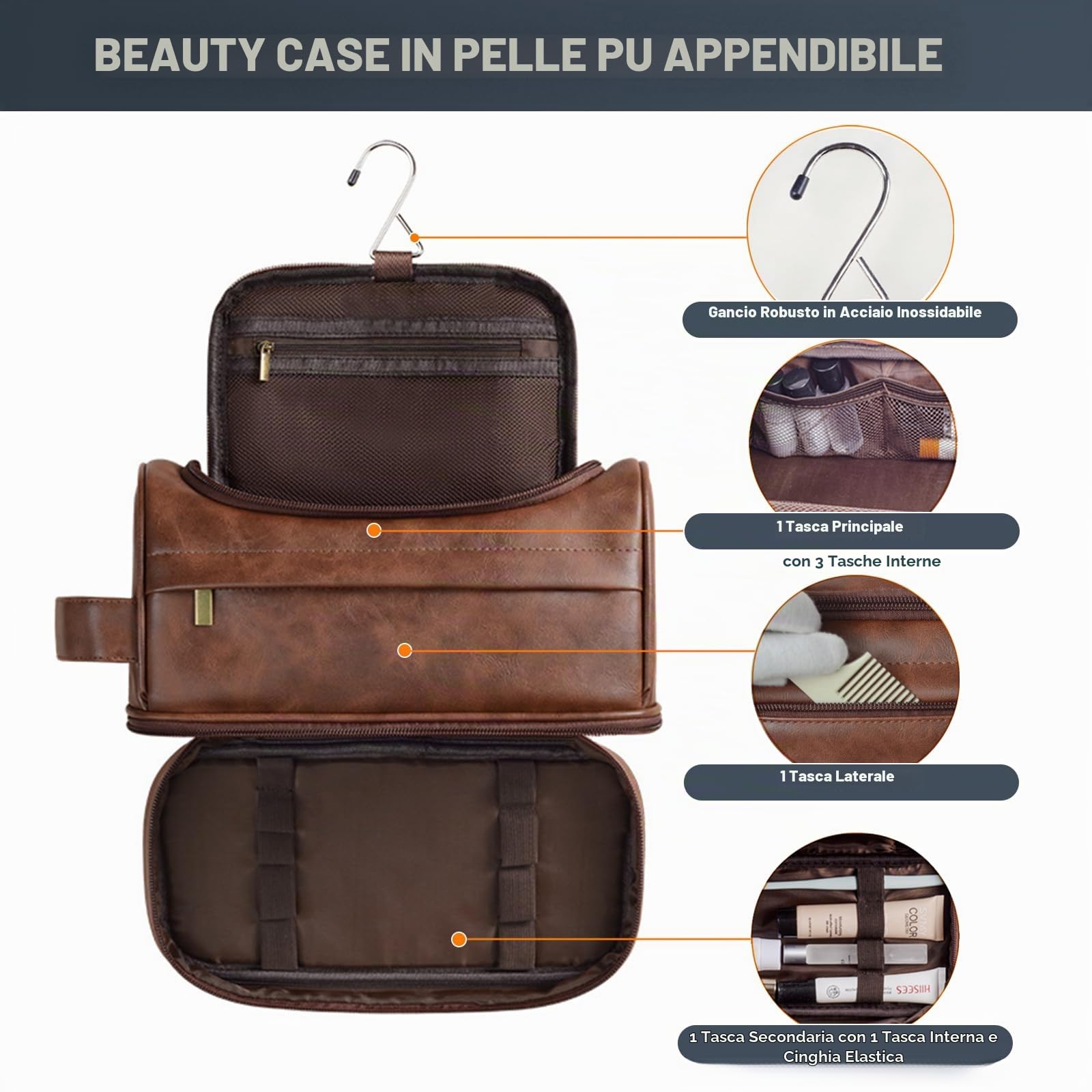 Beauty case da uomo,grande astuccio da viaggio in pelle con gancio per appenderlo