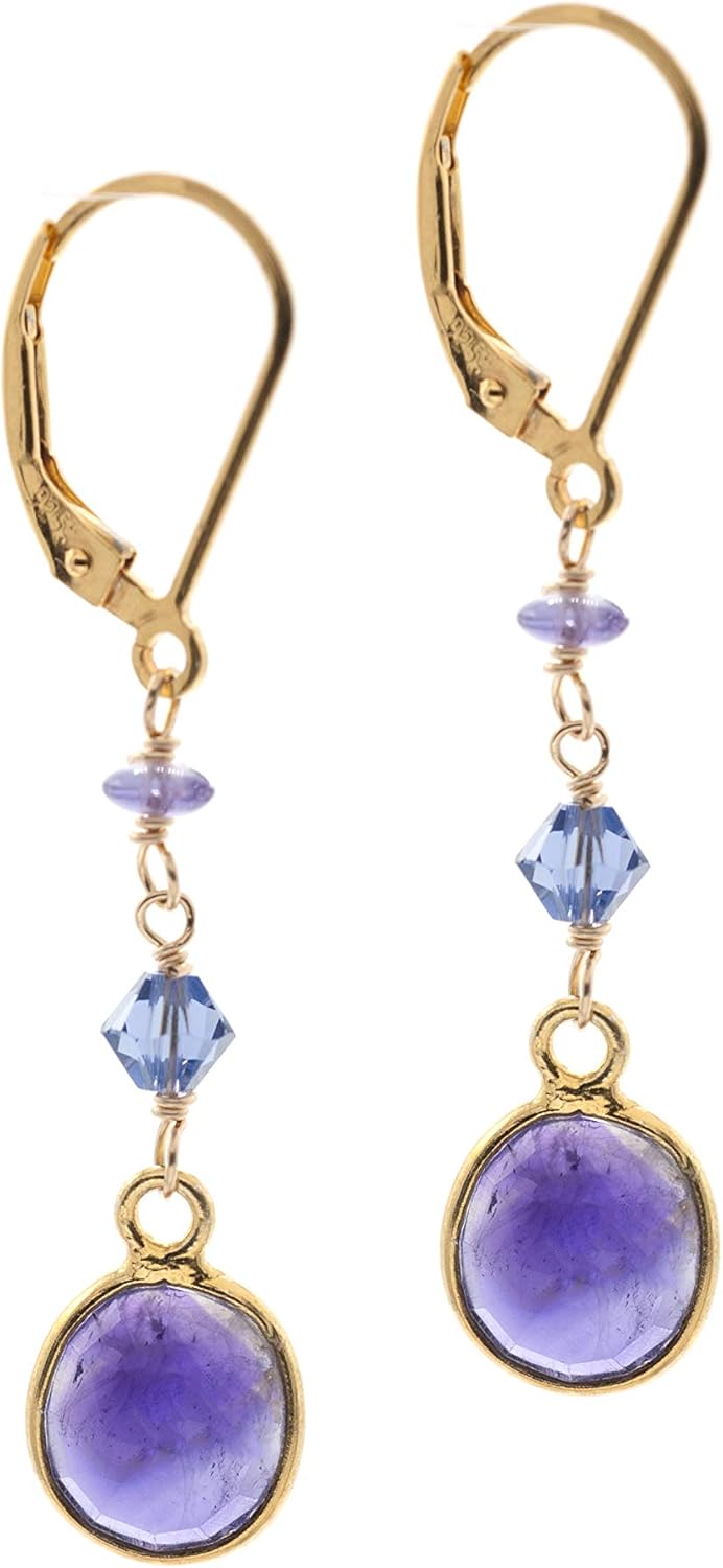 14k Gold-Filled Leverback Semi-Precious Gemstone Bezel Beaded Drop Earrings with Austrian Crystal Accents