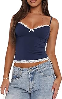 Women Y2k Spaghetti Strap Camisole Crop Top Deep V Neeck Slim Fitted Vest Going Out Shirt Tank Tops Streetwear