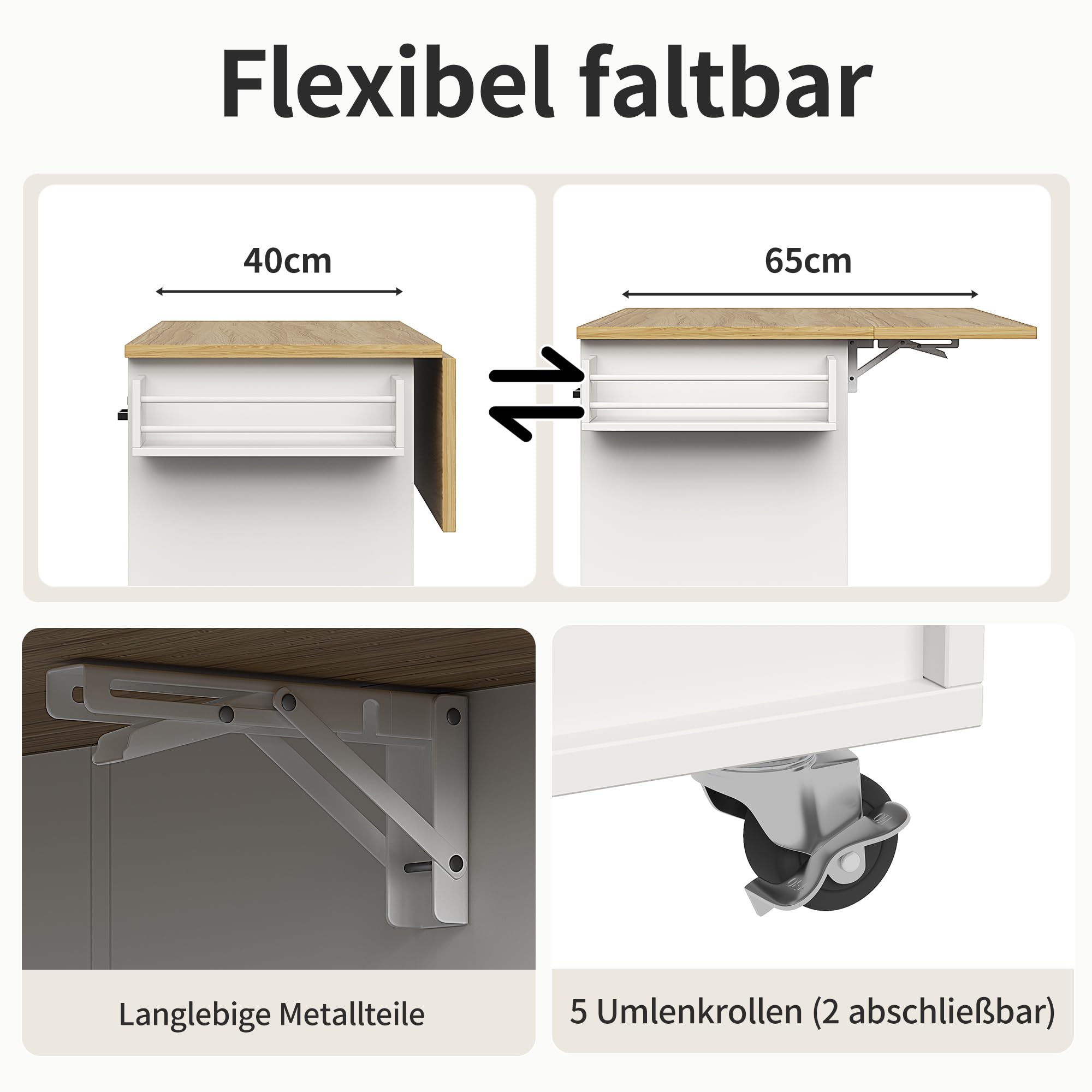 Merax Speisewagen auf Rollen Küchenwagen mit klappbarer Arbeitsplatte, Handtuchhalter, Gewürzregal, Schubladen & verstellbaren Trennwänden,Weiß,104×39,5×91,5 cm