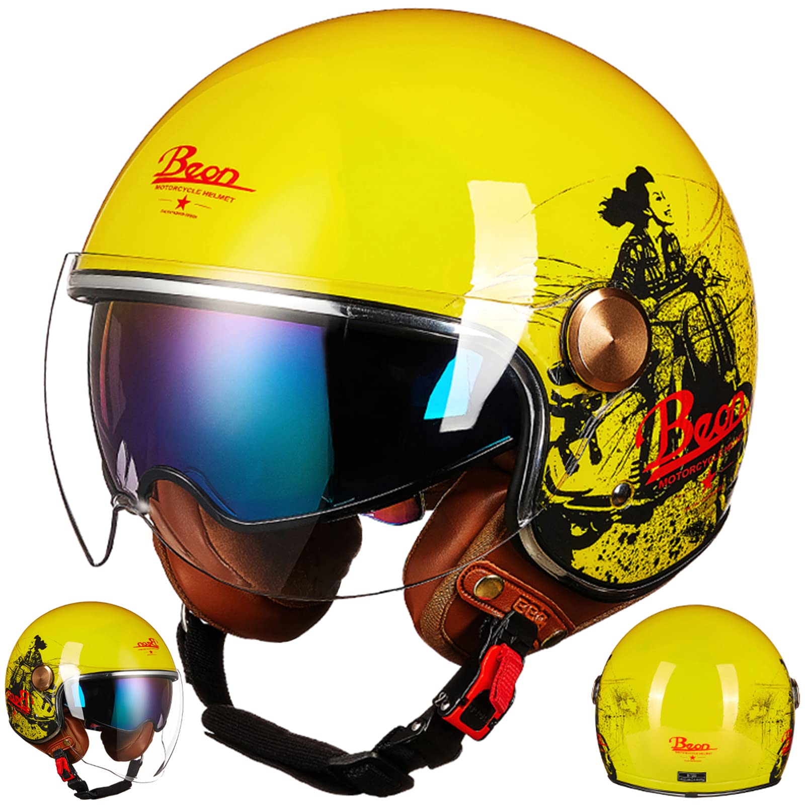 Casco Abierto Vintage, Casco Moto Hombre Mujer Con Doble Visera y Lente Larga,Homologado ECE Casco Jet Medio Para Ciclomotor Harley Cruiser Chopper -Desmontable Lavable Forro Transpirable(55-61cm)