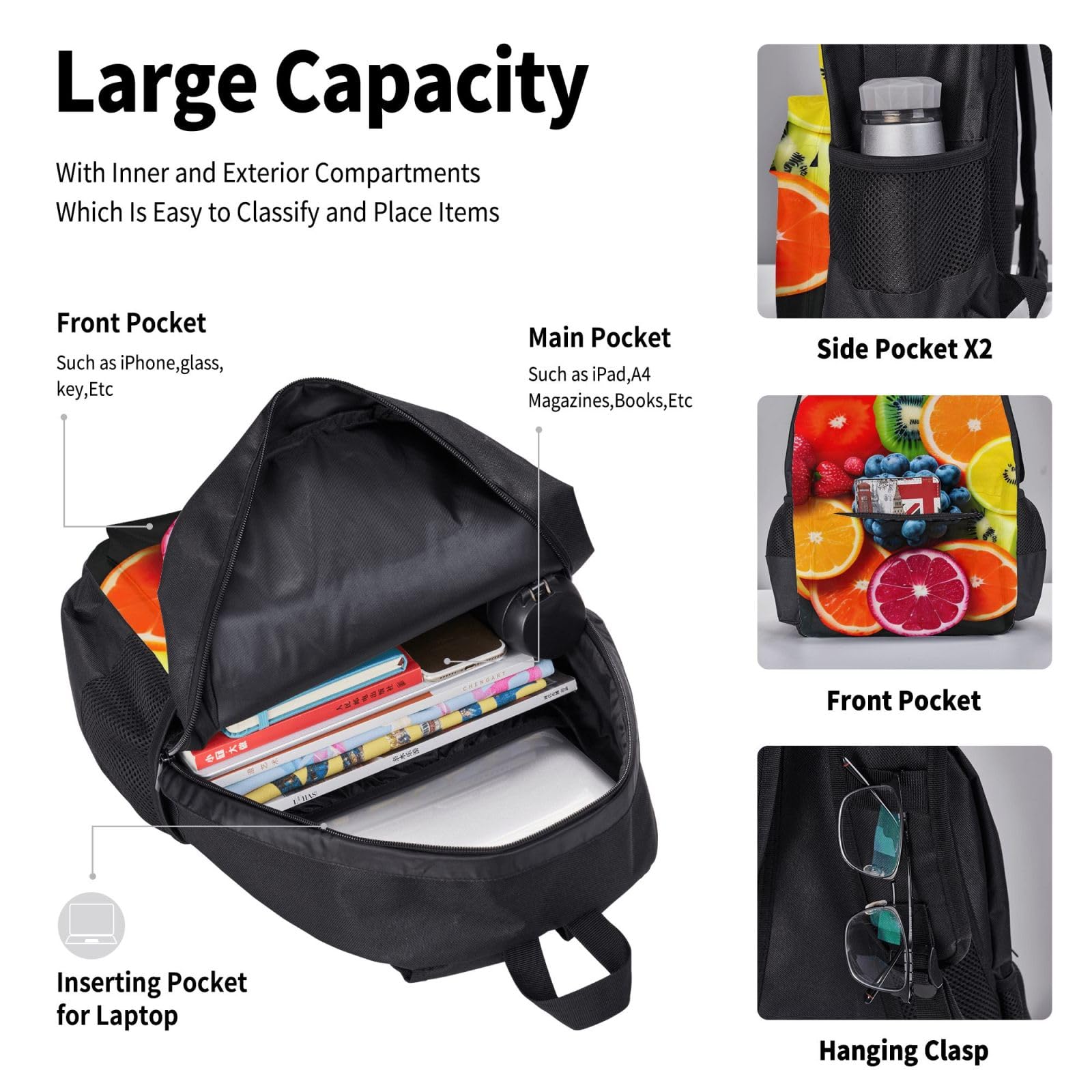 Juego de mochila 3 en 1 con estampado de arcoíris de frutas con bolsa de almuerzo y estuche, adecuado para el trabajo, picnic, viajes, Negro -, Talla única