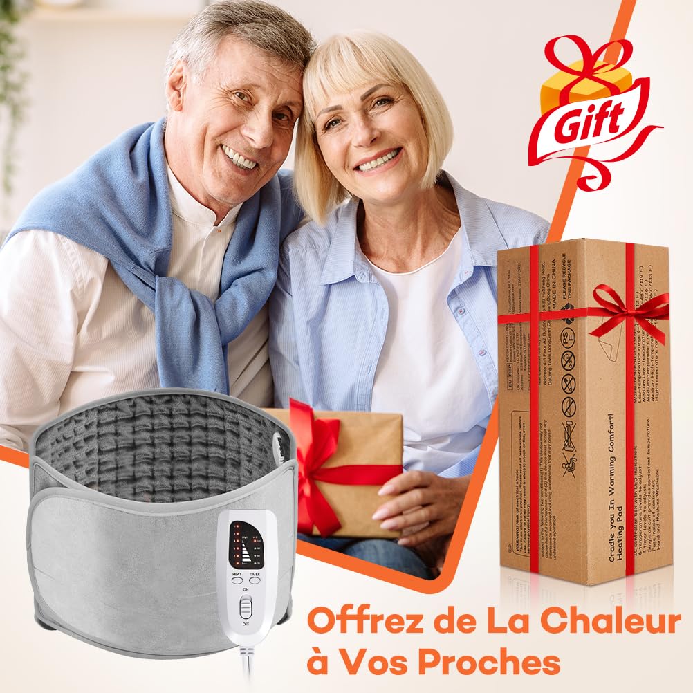 Ceinture Chauffante Lombaire avec Velcro Étendu et Élargi, 140x30cm Coussin Chauffante Électrique, 6 Températures & Minuterie 4H, Chauffage Rapide 15s, pour Dos, Ventre, Épaules - Lavable