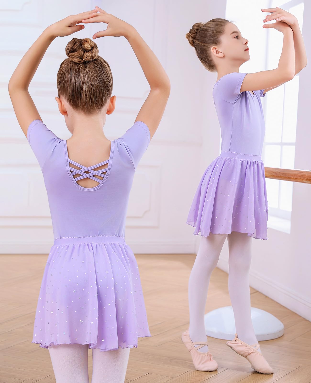 Robe de Ballet Justaucorps Danse Fille Manches Courtes Justaucorps Gymnastique Fille en Coton avec Jupe Tutu en Mousseline De Soie 3-11 Ans