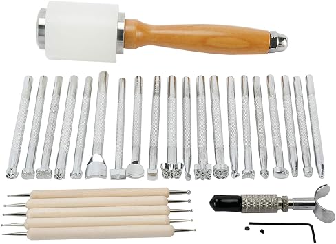 27pcs Leathercraft Working Tools Kit with 20pcs Saddle Making Tools 1pc Nylon Hammer 1pc Swivel Knife 5pcs Tracing Pens