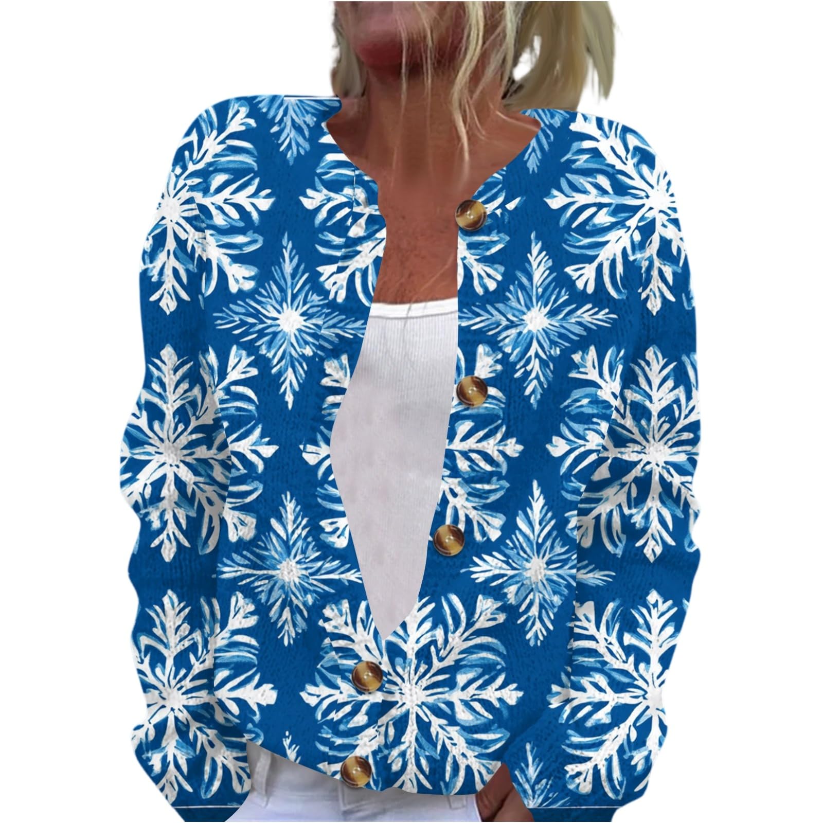 Plus Size Christmas Cardigan for Women Button Down Long Sleeve Knit Sweaters Xmas Printed Open Front Coats