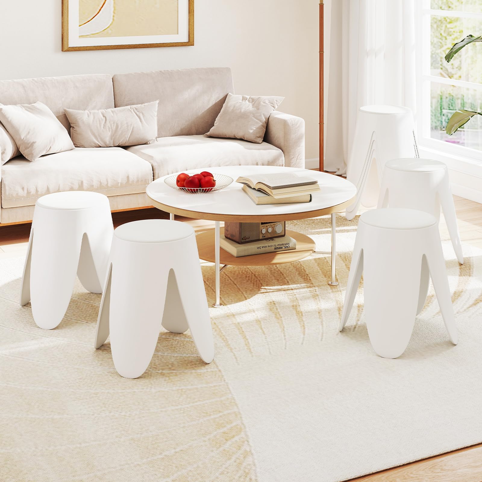COSTWAY Juego de 8 Taburetes Apilables, Taburetes de Plástico Anidados de 46 CM de Altura, Sillas Portátiles Sin Respaldo para Escuela, Aula, Salón, Comedor, Hogar, Oficina, Ahorra Espacio, Blanco