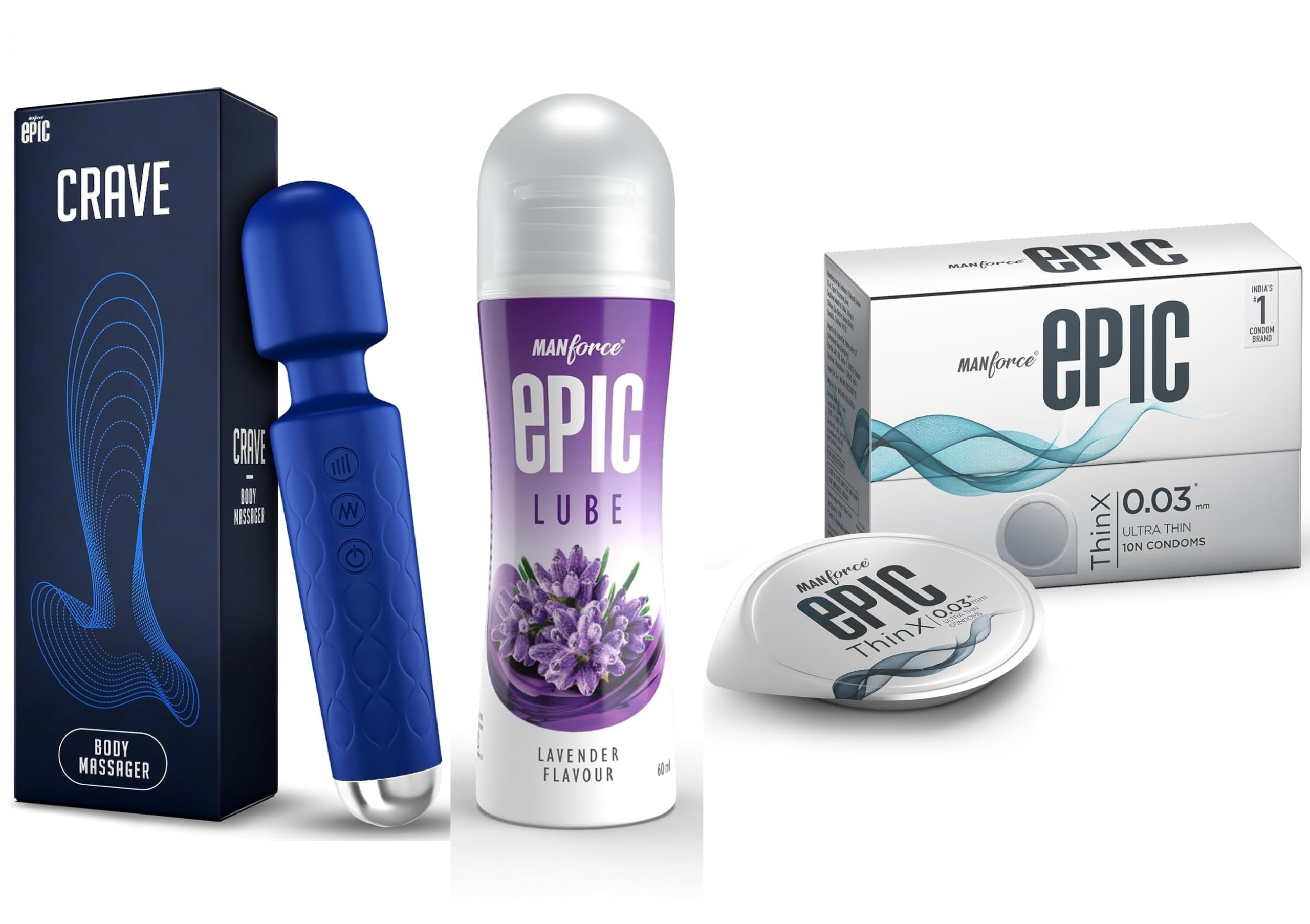 Manforce Epic Crave Massager | 20 Vibration Modes,Epic Lube | Lavender | 60ml | Water-based & Epic ThinX | Ultra Thin Condoms with Easy Peel Pack | 10 Pcs-picture-20