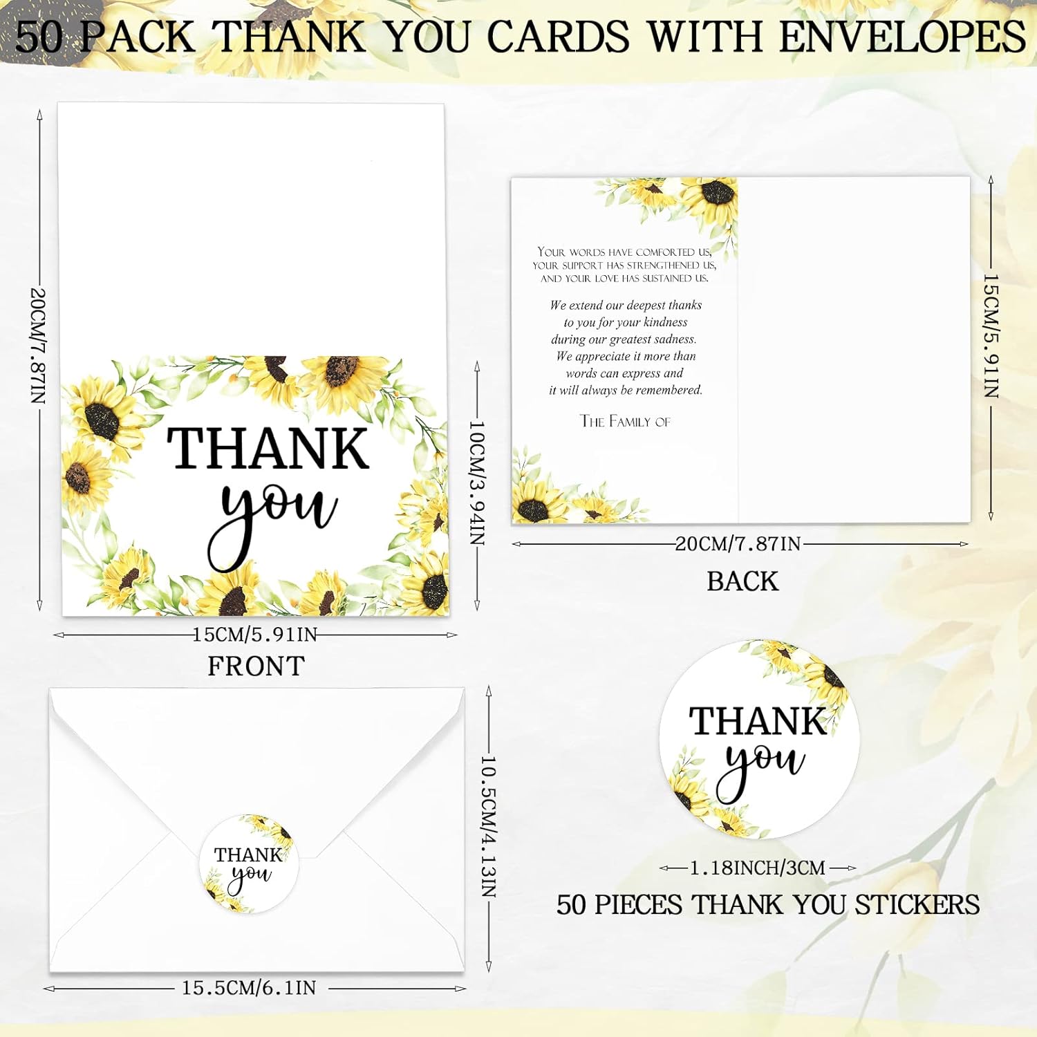 fumete 50 set funeral thank you cards with envelopes and stickers thank you sympathy cards with meaningful message bereavement for funeral family loved ones celebration of life(sunflower)