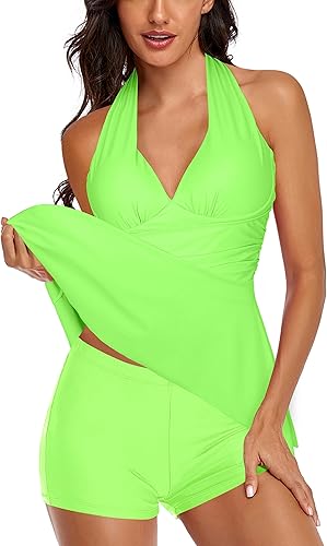 Miniatura 3 de Omichic Traje de baño tankini halter de dos piezas para mujer, con control de abdomen, cuello en V, con pantalones cortos