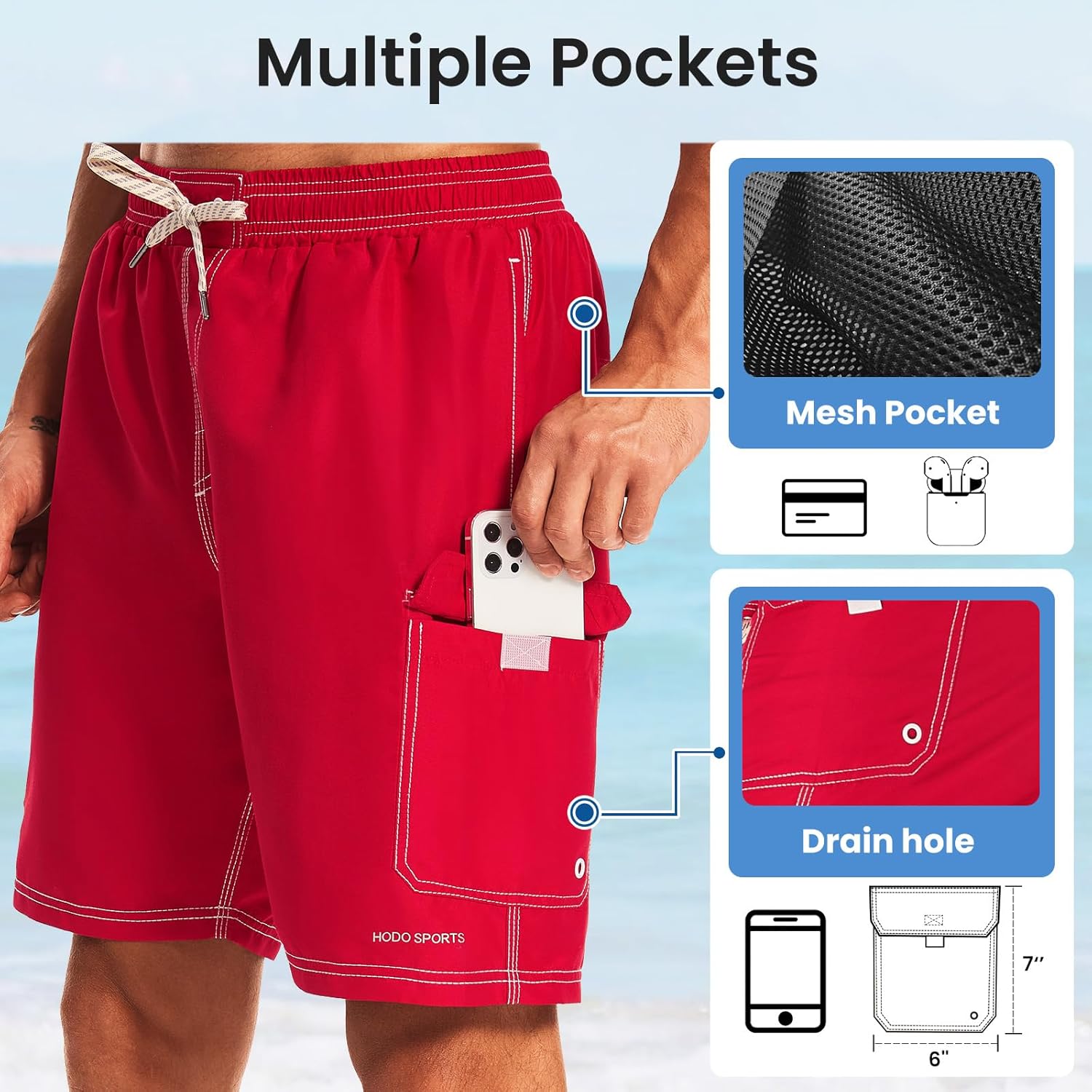 HODOSPORTS Mens Swim Trunks with Compression Liner 9 inch Bathing Suit Quick-Dry Swim Shorts Cargo Pockets S-4XL - Image 5
