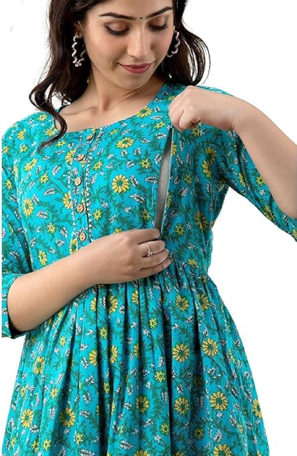 Women's Cotton Printed Maternity Kurti for Feeding Zippers Pregnancy Wear Nursing Dress-image-37