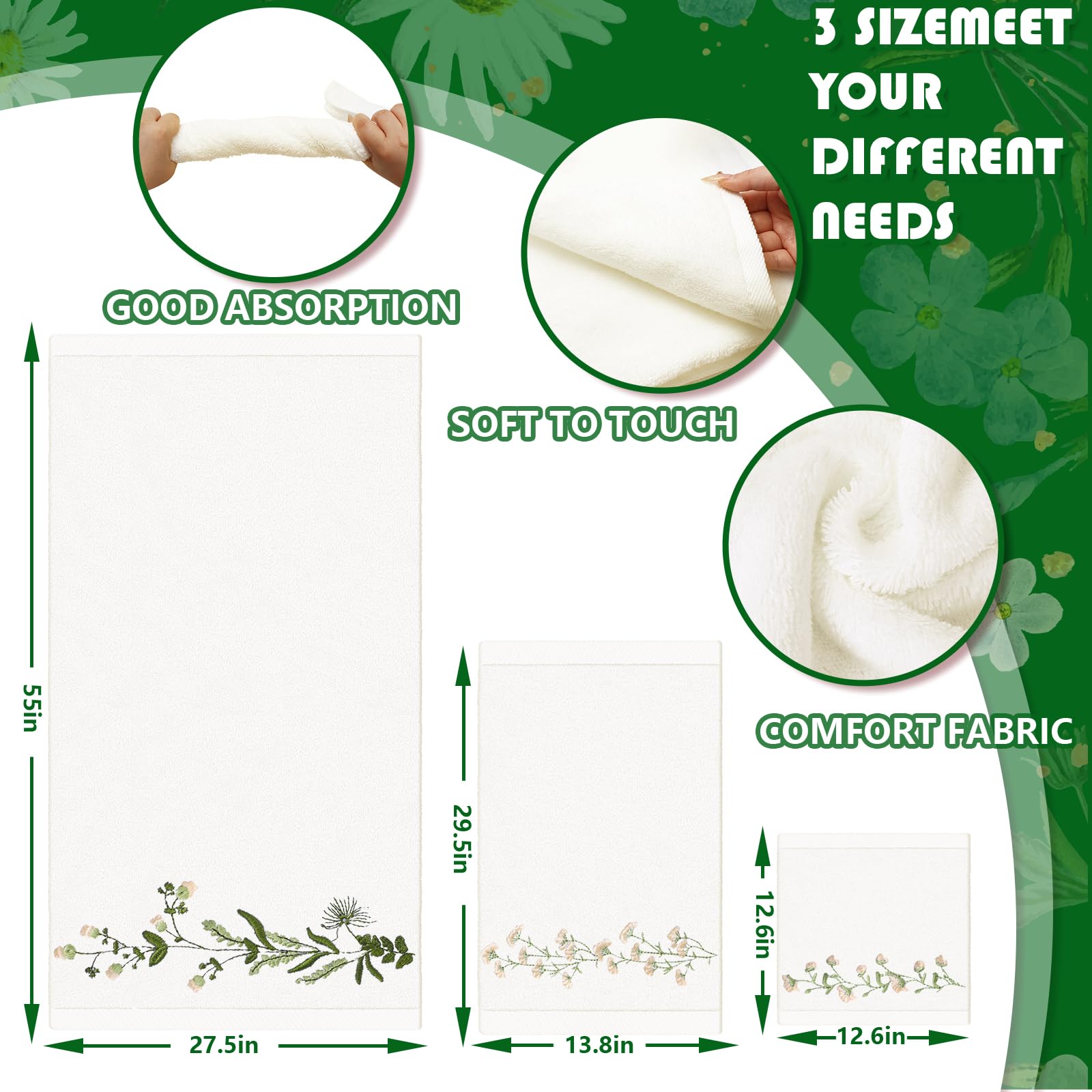 JarThenaAMCS Floral Greenery Bathroom Towels Set of 3 Embroidered Cotton Bath Towel Flower Leaves Hand Towel Wash Cloth for Spring Hand Drying Shower Supplies