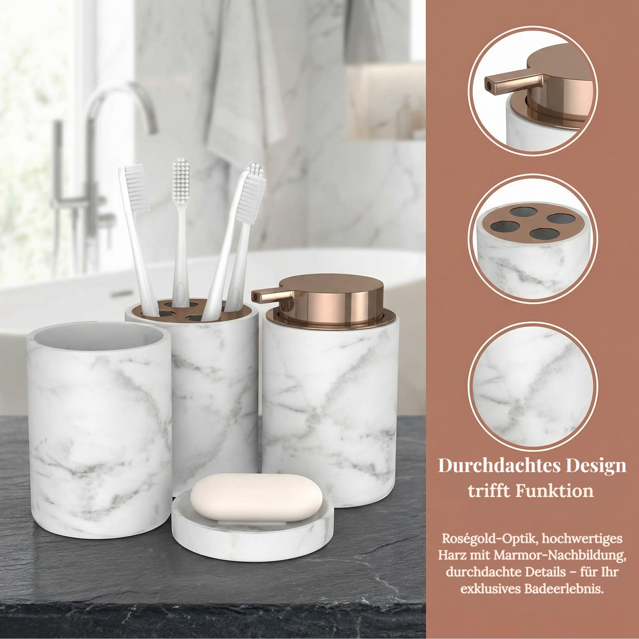 Badezimmer Set 4 TLG Marmor – Badaccessoires Set mit Seifenspender, Zahnputzbecher & Zahnbürstenhalter – Badezimmer Zubehör Organizer modern weiß Copper – Bad Deko bonVIVO