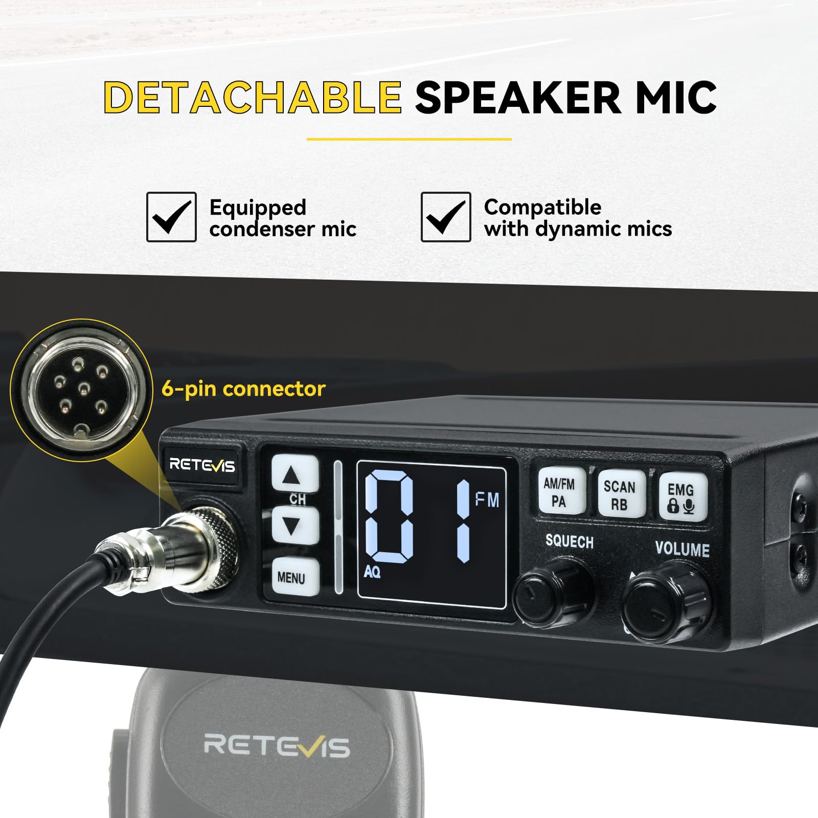 Retevis MB63 CB Radio, CB Radio Kompletny z Anteną, Wyświetlacz LCD, AM/FM, VOX, SQ/ASQ, EMG CH9/19, CB Radio Ręczne do Samochodu (1 Sztuk, Czarny)