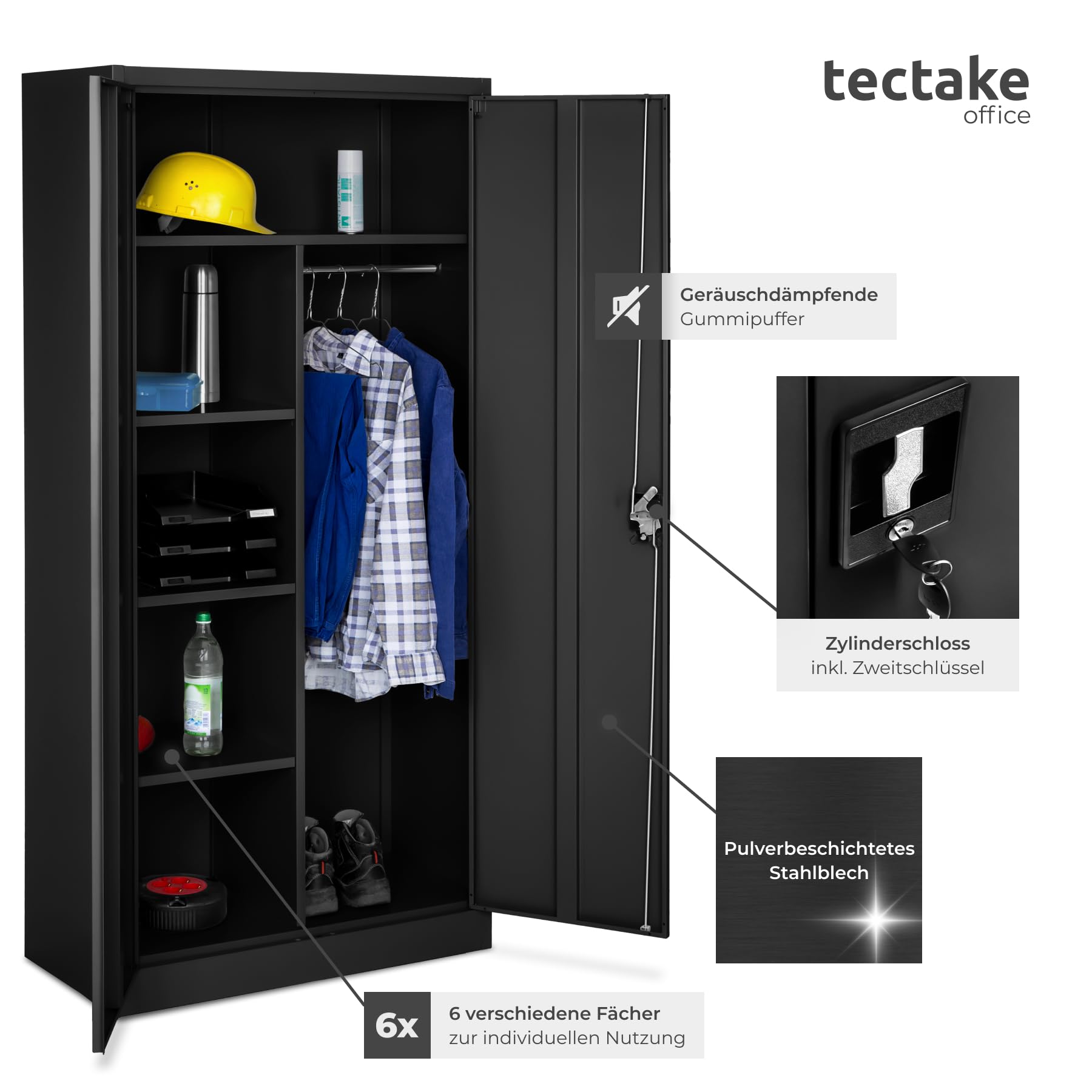 tectake Aktenschrank, Spind Schrank, Mehrzweckschrank, Garderobenschrank mit Kleiderstange, Haushaltsschrank mit 6 Fächern, Aktenschrank abschließbar, Ink. Einlegeböden,180x80x40cm – schwarz