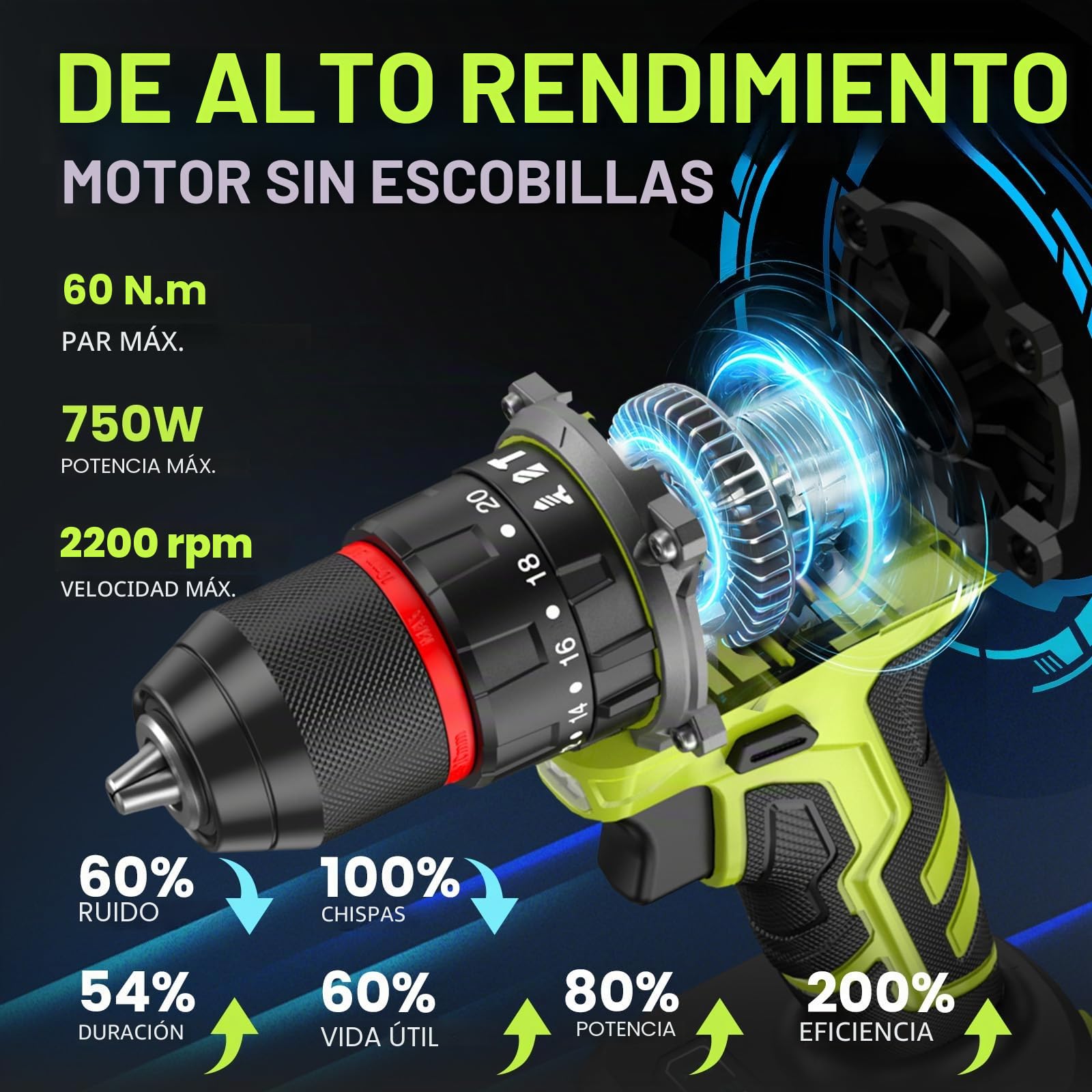VOERJIA - Taladro atornillador inalámbrico de 21 V, taladro de percusión sin escobillas de 60 Nm, 2 baterías de 2000 mAh, 21+3 pares de torque, portabrocas de 10 mm, 2 velocidades, LED, 29 accesorios
