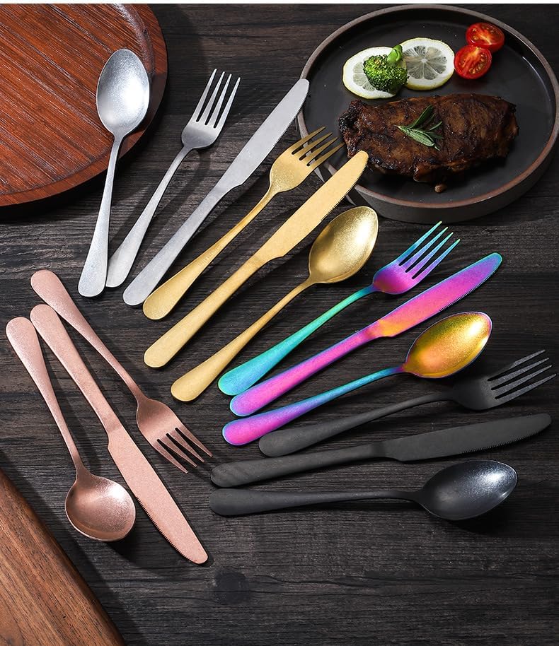 Silverware Flatware Set, 5/20/30/40/50/60pcs Retro Stainless Steel Table Knife Fork Spoon Hotel Steak Knife Fork Spoon Tableware Set(Rainbow,20 Pieces for 4)