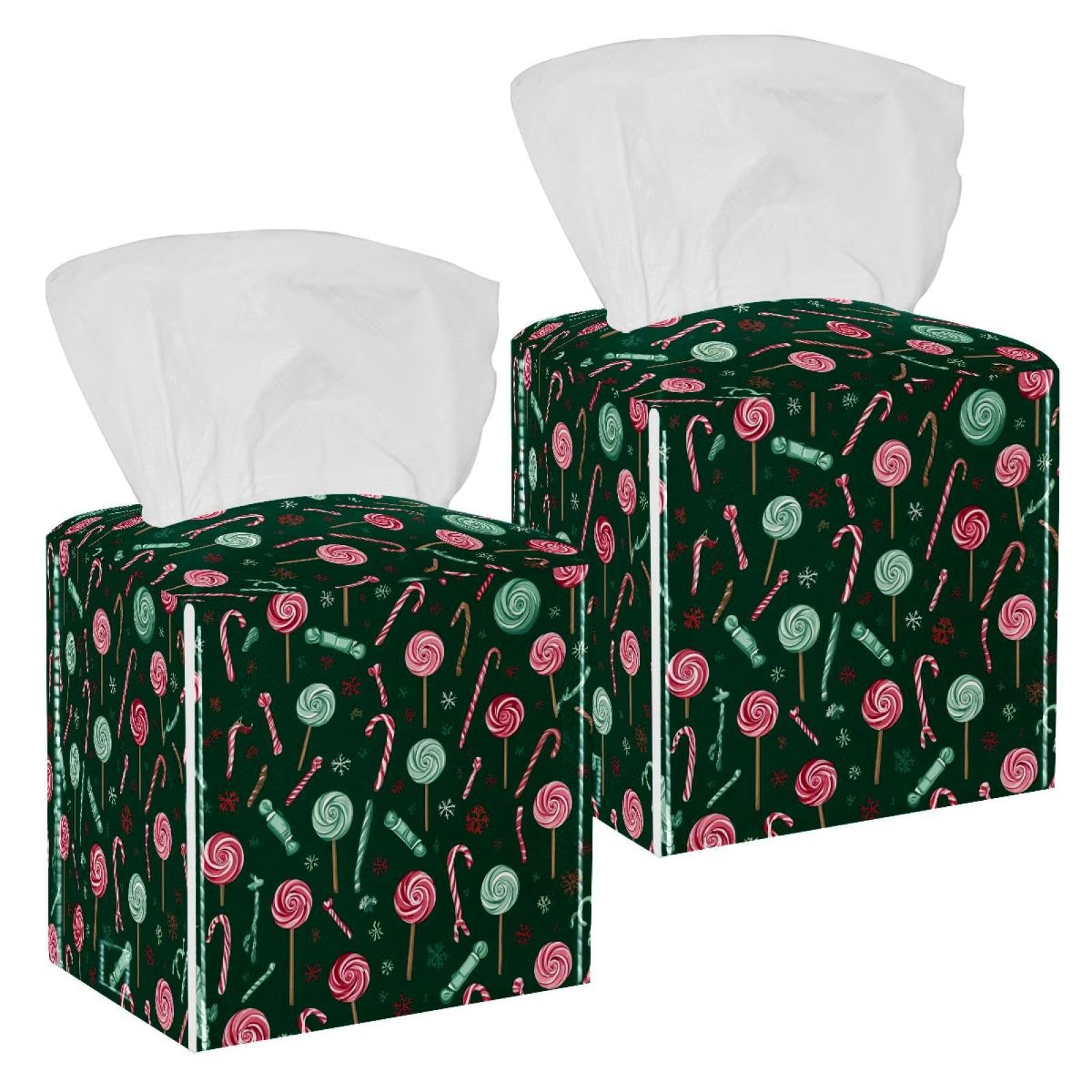 Christmas Candy Tissue Box Cover, 2 Pack PU Leather Square Facial Tissue Dispenser Box holder for Home Office Car