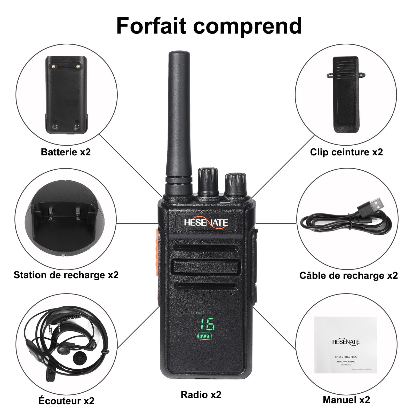 Talkie Walkie PMR446 sans Licence 16 Canaux, Rechargeable avec Chargeur USB, Talkie Walkie Professionnel avec Oreillette (2pcs, Noir)
