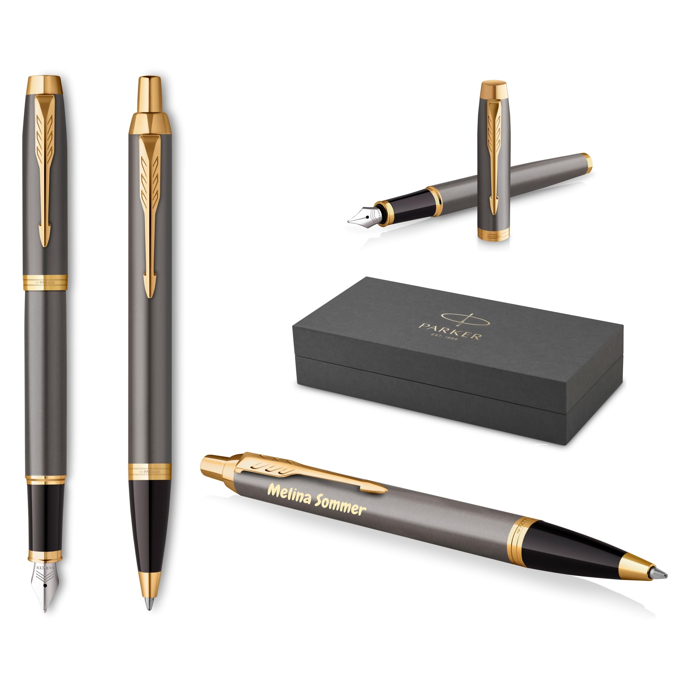 PARKER IM Core Pluma estilográfica y bolígrafo con grabado | Bolígrafo premium | Caja de regalo | mina negra | Regalo personalizado | Nombres | Grabado | Aniversario | Cumpleaños (Grey G.T.)