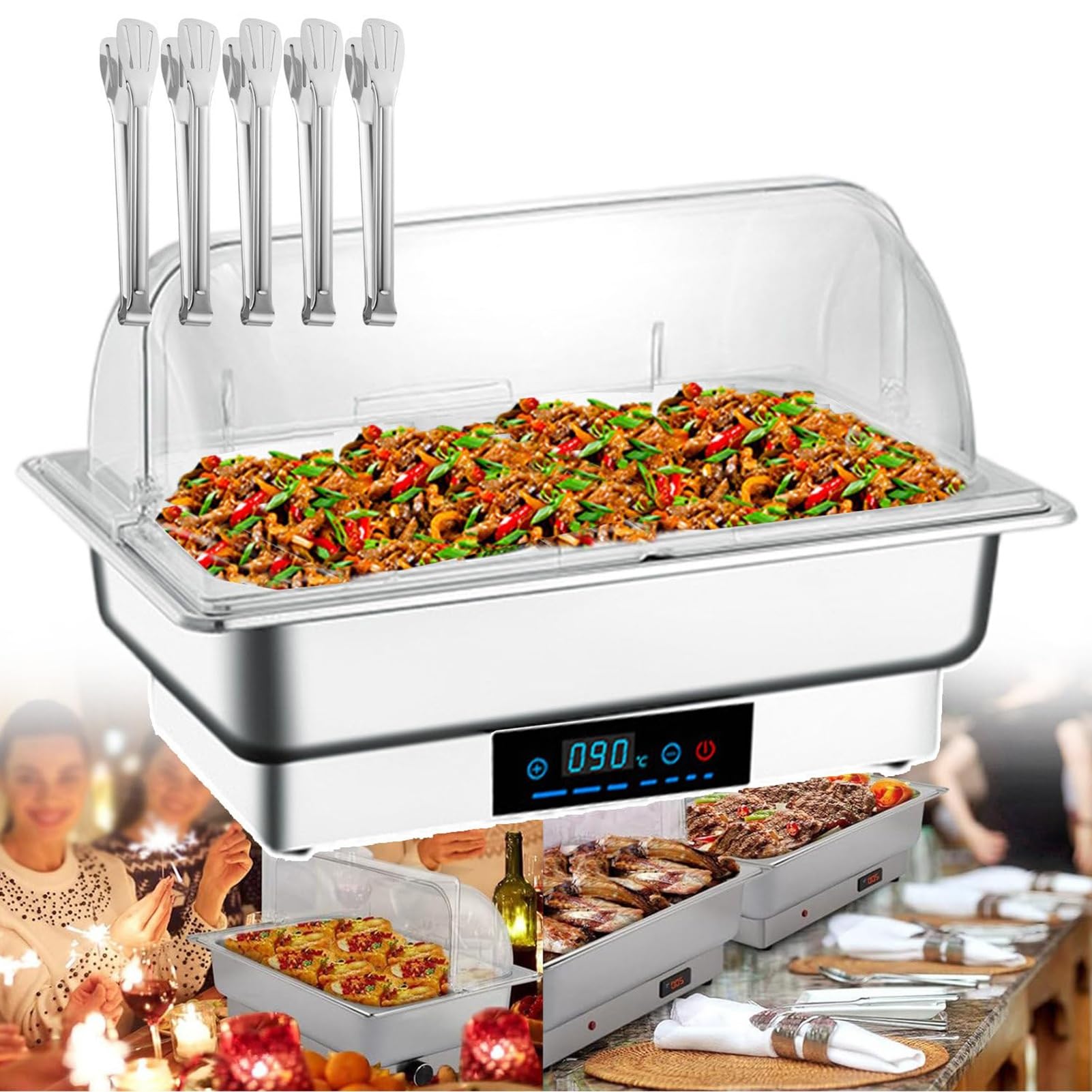 Chauffe-buffet électrique en inox avec 5 pinces et panneau tactile 50-90°C