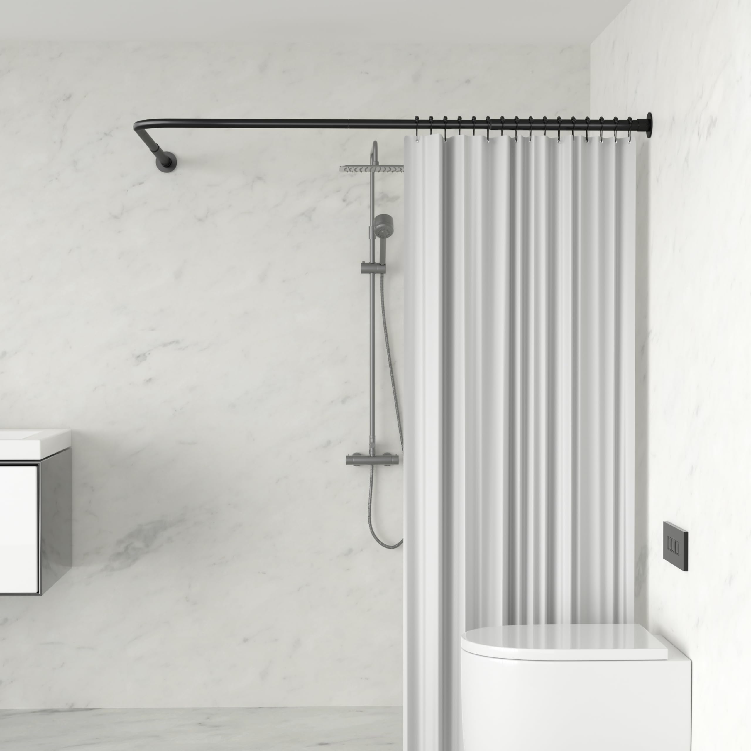 Tringle Rideau Douche Angle en Forme de L, Tringle Douche Réglable 62-94x141-174 cm, Baignoire et Douche, Tringle à Rideau de Douche en Acier Inoxydable avec 16 Anneaux, Noir