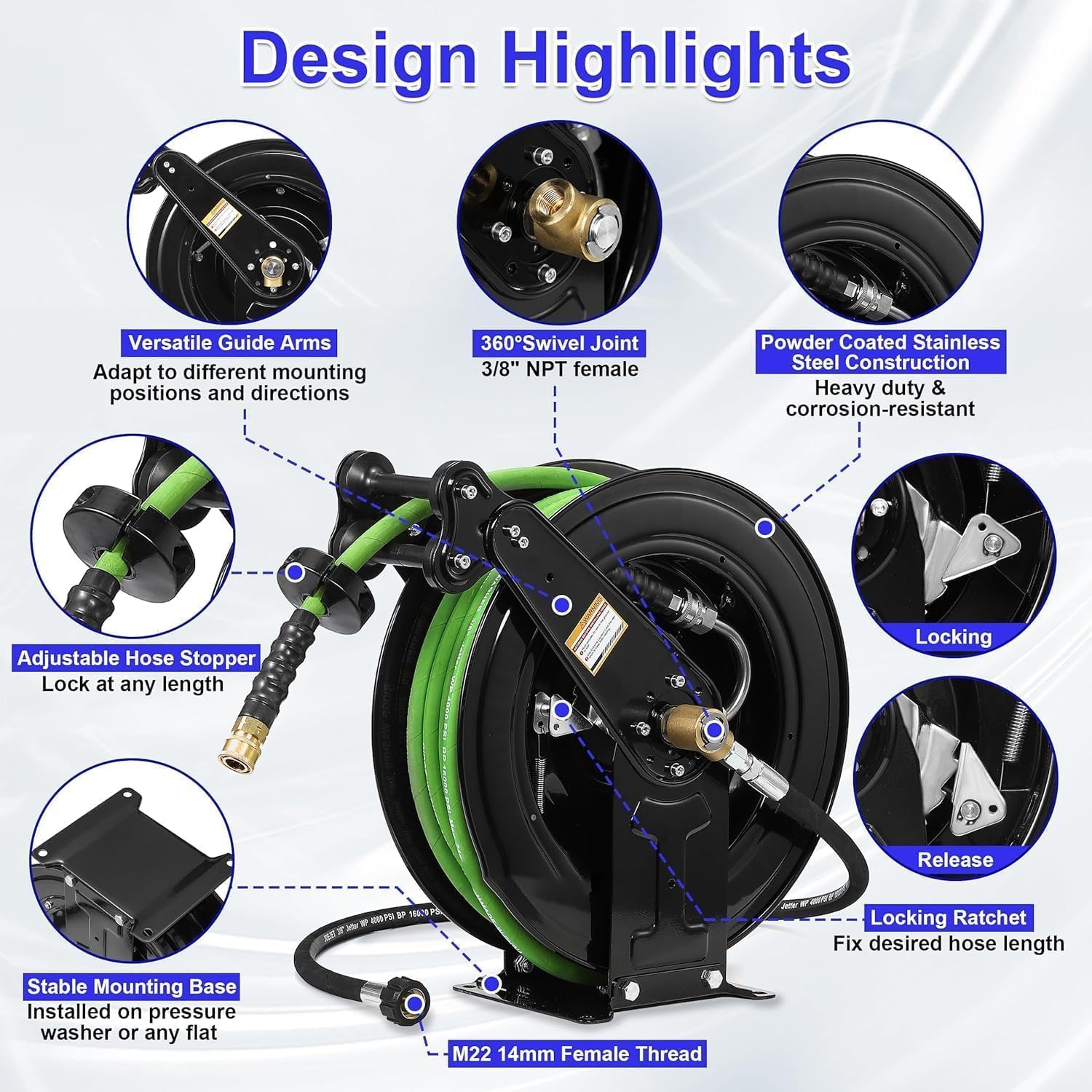 Enrouleur de tuyau pour nettoyeur haute pression à rétraction automatique, tuyau pour nettoyeur haute pression en acier robuste de 15m, enrouleur à double bras 4000 PSI
