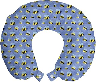 Lunarable Bees Travel Pillow Neck Rest, Spring Avian Bugs Insects Flying Among The Clouds Cartoon Design, Memory Foam Traveling Accessory for Airplane and Car, 12", Violet Blue Yellow